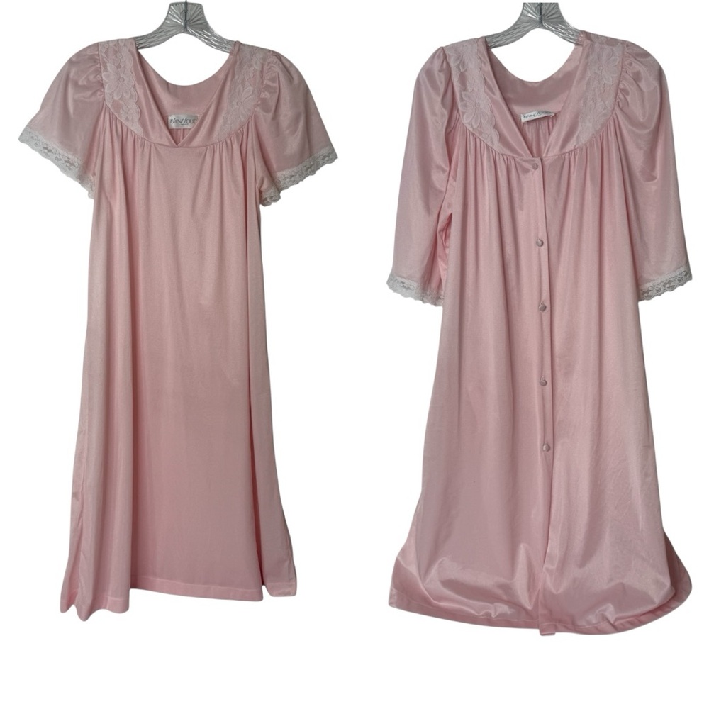 Vintage 60s Sans‎ Souci Sheer Nightgown & Robe Set Pink Lace Pocket Womens M